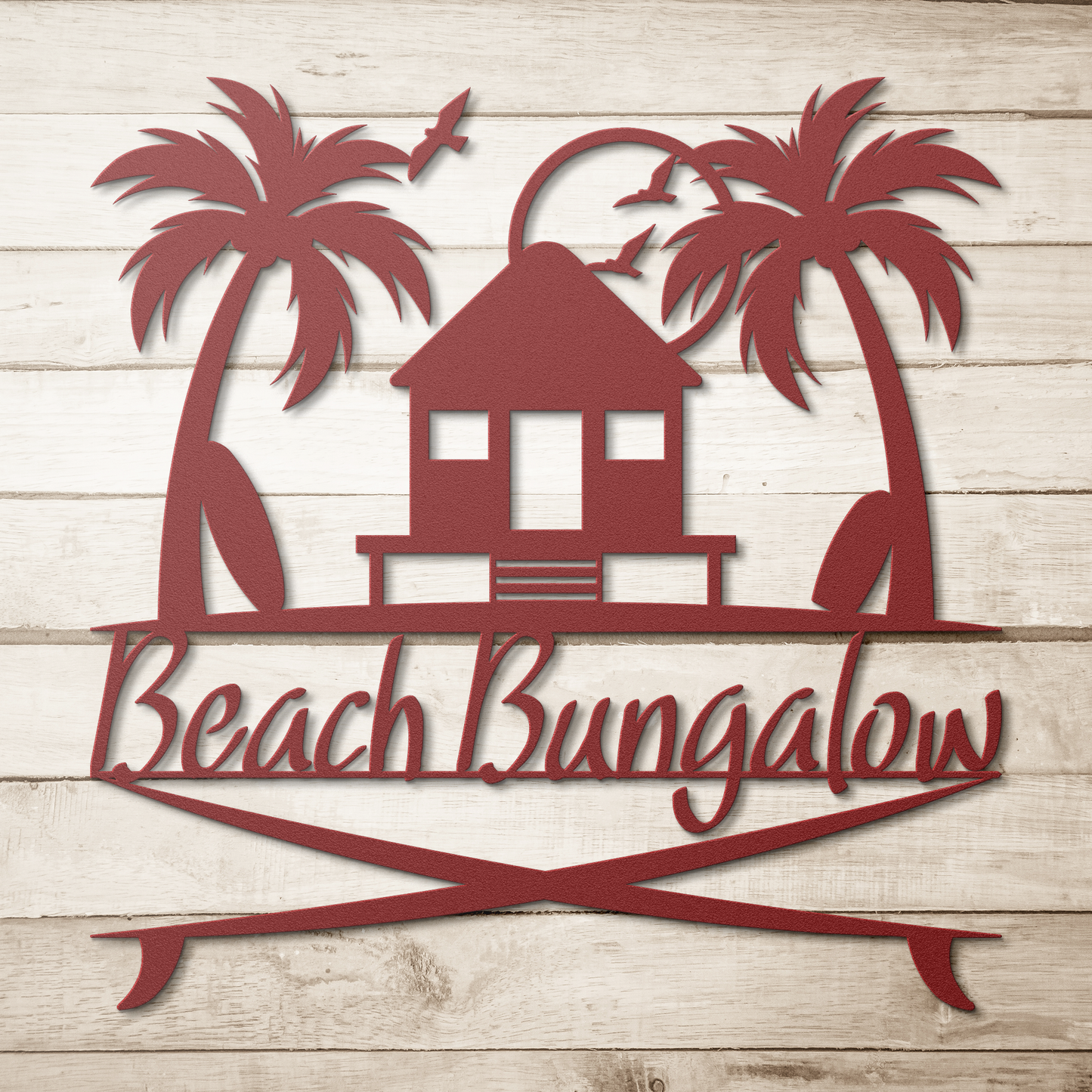 Beach_Bungalow_Die-Cut_Metal_Sign__A__Red_Simple_Wood_BKGD_Mockup.png