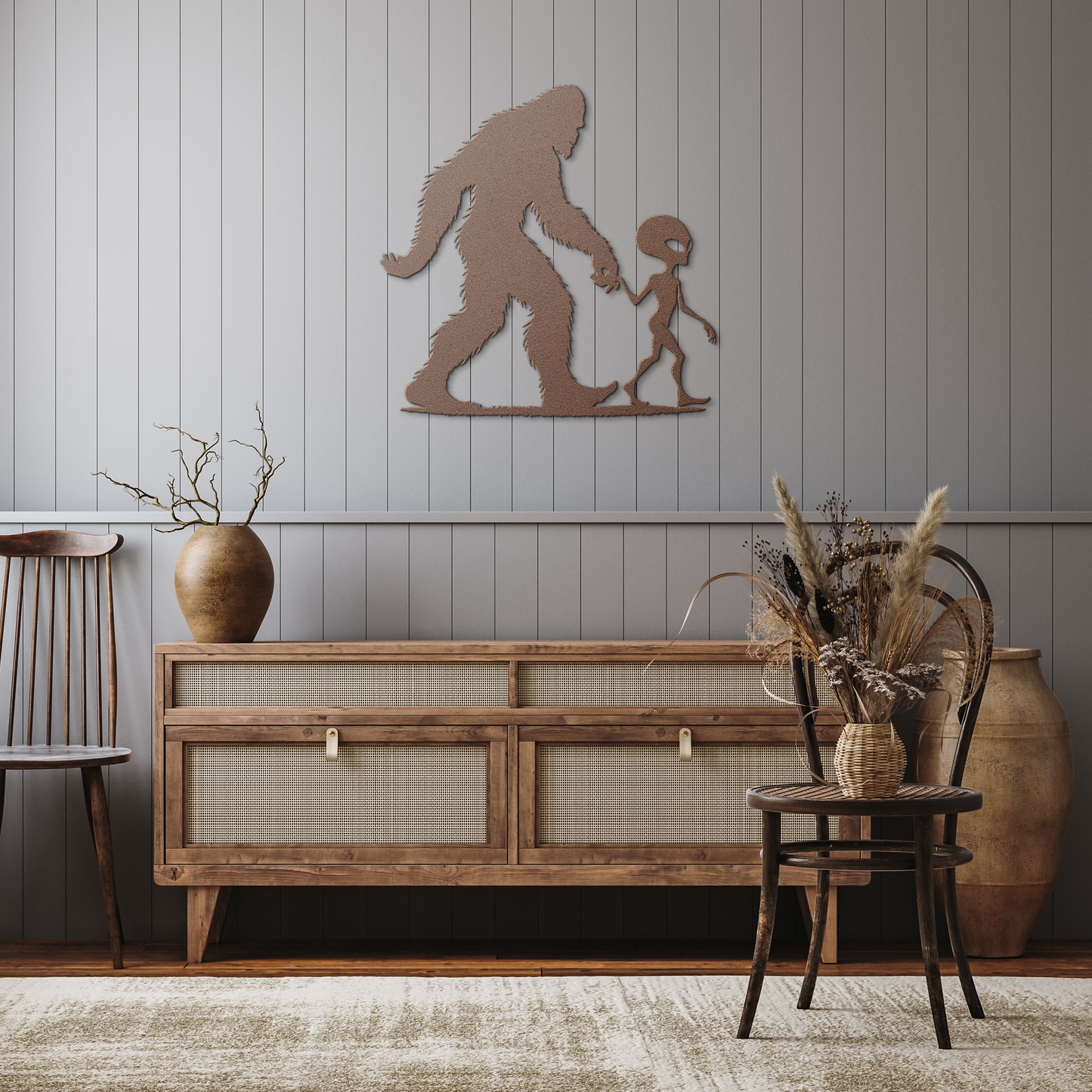 Bigfoot_and_Alien_Metal_Wall_Art_-_Fun_U_Copper_Rustic_Hallway_Mockup.png