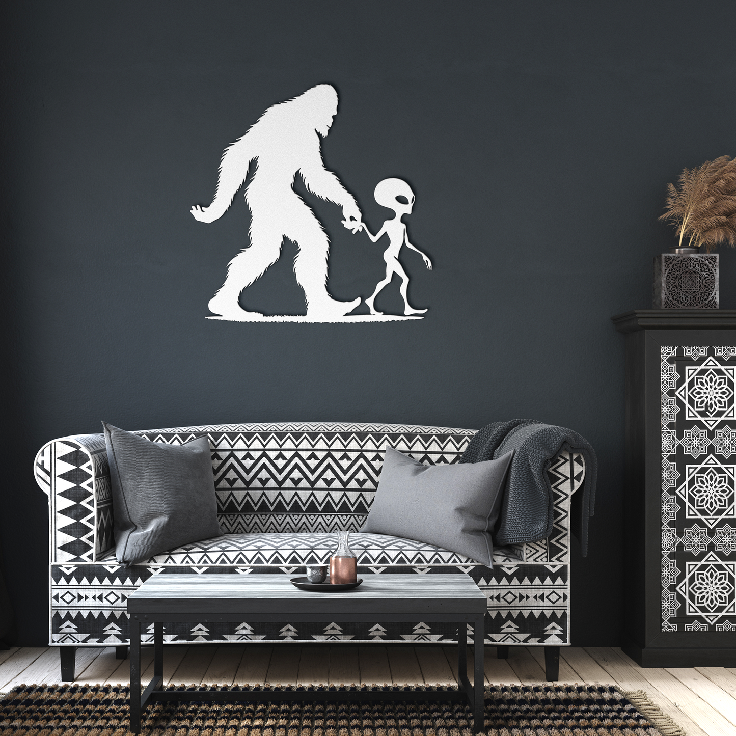 Bigfoot_and_Alien_Metal_Wall_Art_-_Fun_U_White_Dark_Living_Room_Mockup.png