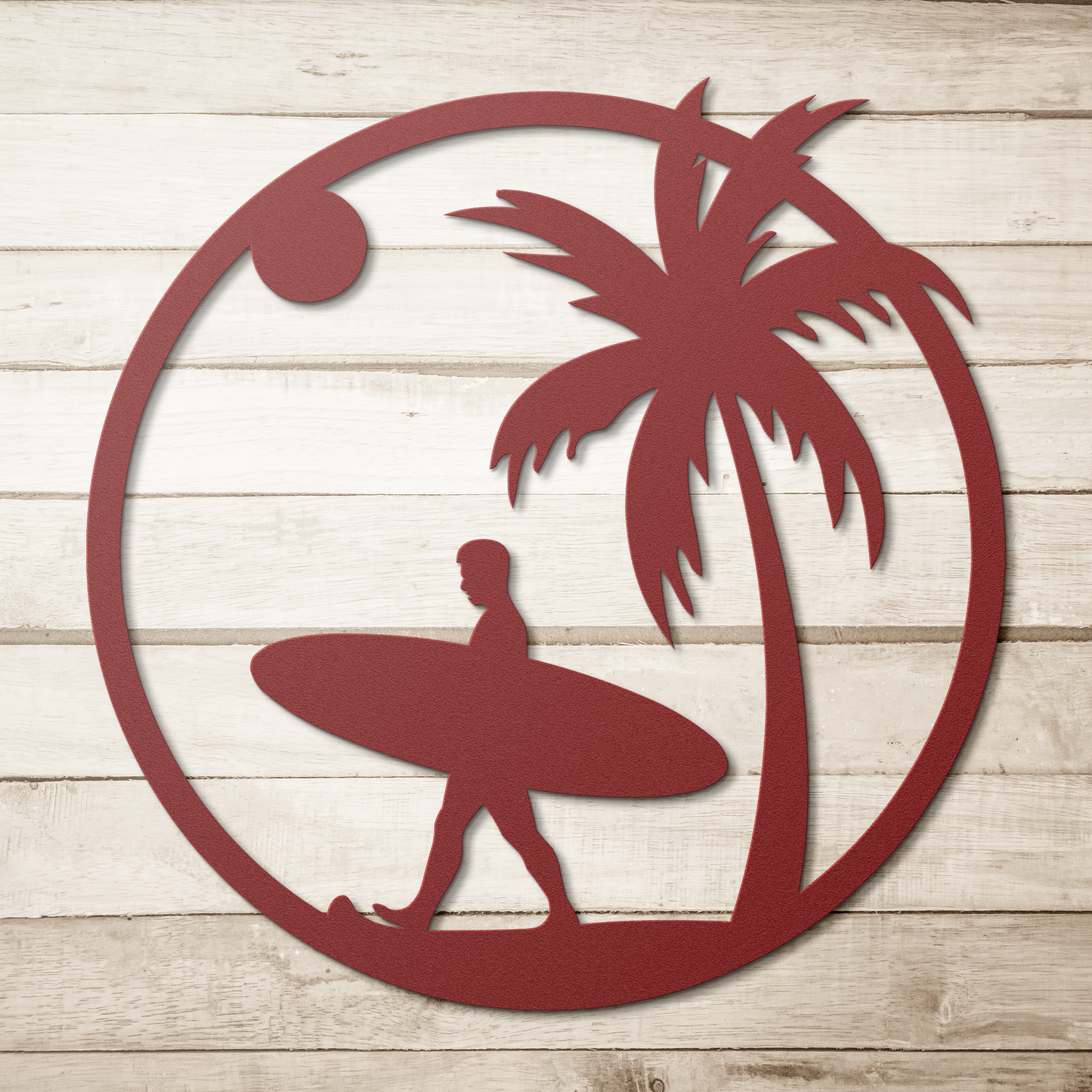 Coastal_Surfer_Paradise_Metal_Wall_Art_Red_Simple_Wood_BKGD_Mockup.png