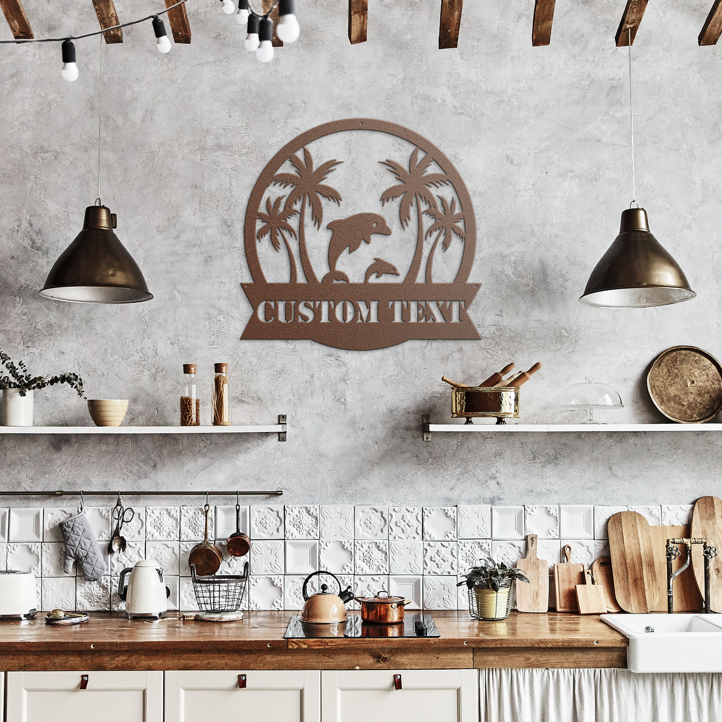 Custom_Dolphin_Scene_Metal_Sign__Pers_Copper_Rustic_Kitchen_Mockup.png