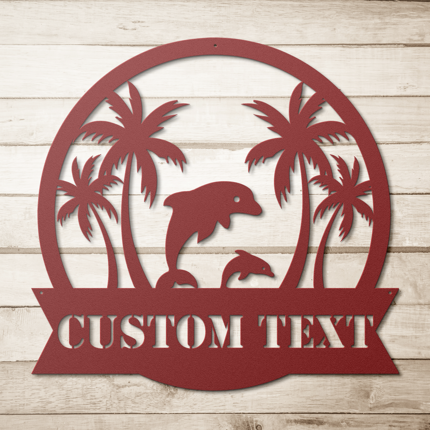 Custom_Dolphin_Scene_Metal_Sign__Pers_Red_Simple_Wood_BKGD_Mockup.png