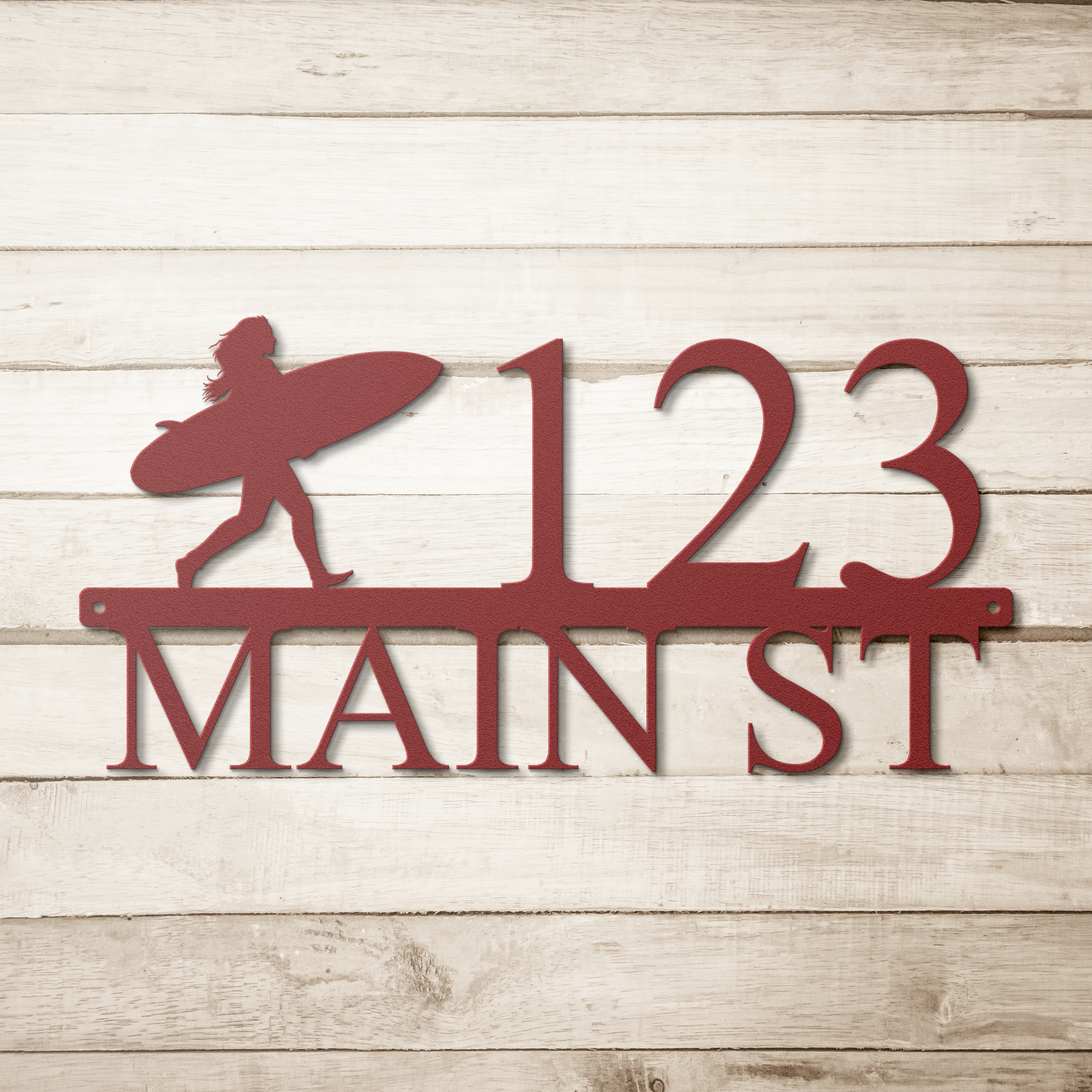 Custom_Surfer_Girl_Address_Sign_Red_Simple_Wood_BKGD_Mockup.png