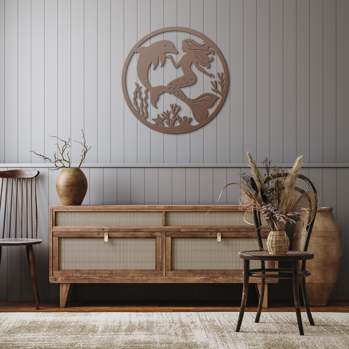 Mermaid__Dolphin_Metal_Wall_Art__Enc_Copper_Rustic_Hallway_Mockup.png