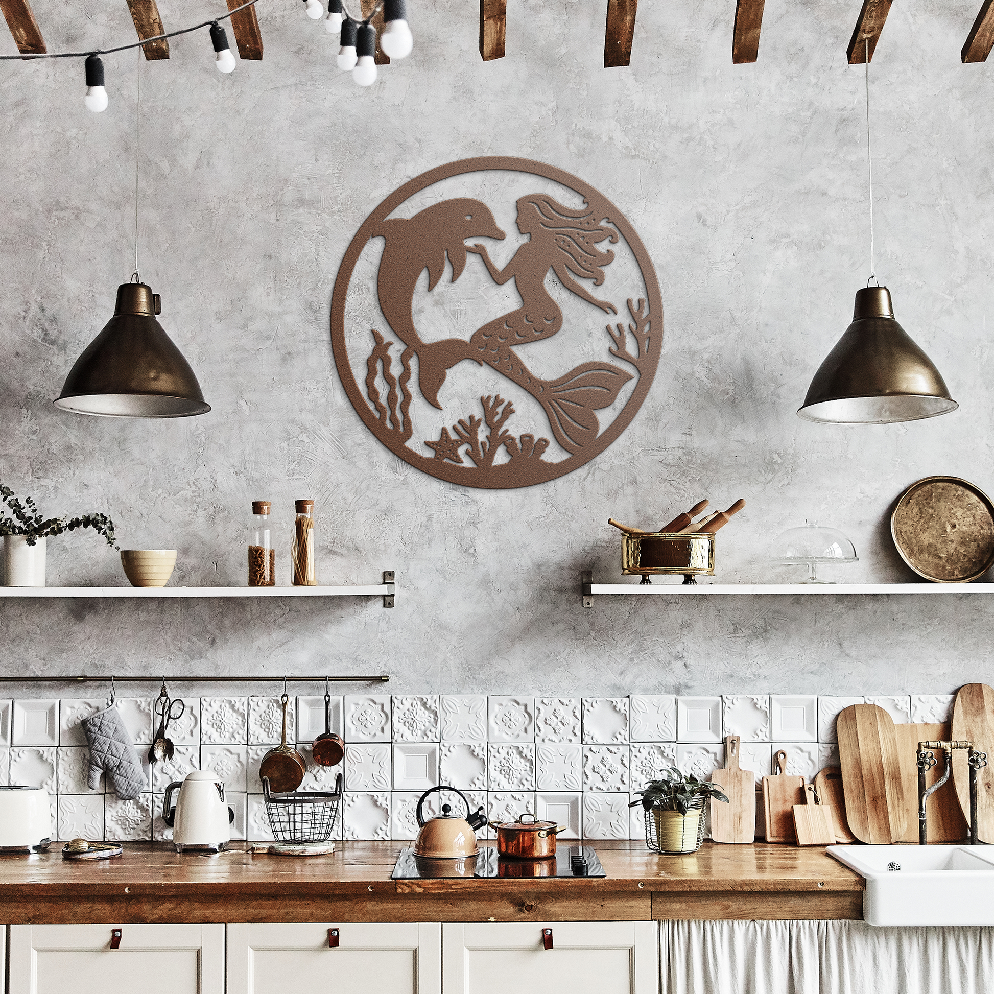 Mermaid__Dolphin_Metal_Wall_Art__Enc_Copper_Rustic_Kitchen_Mockup.png