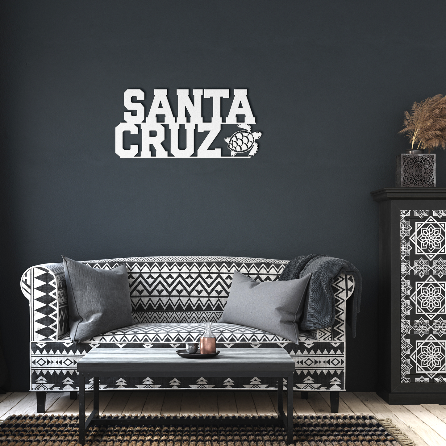Santa_Cruz_Sea_Turtle_Metal_Wall_Art_White_Dark_Living_Room_Mockup.png