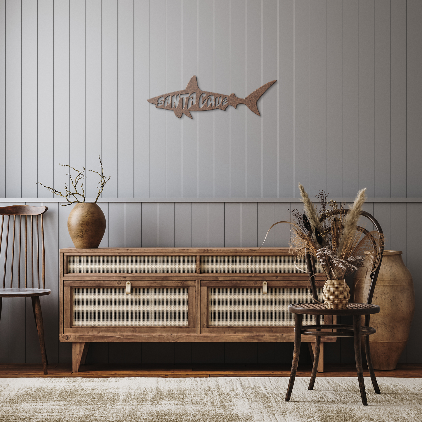Santa_Cruz_Shark_Metal_Wall_Art__Cust_Copper_Rustic_Hallway_Mockup.png