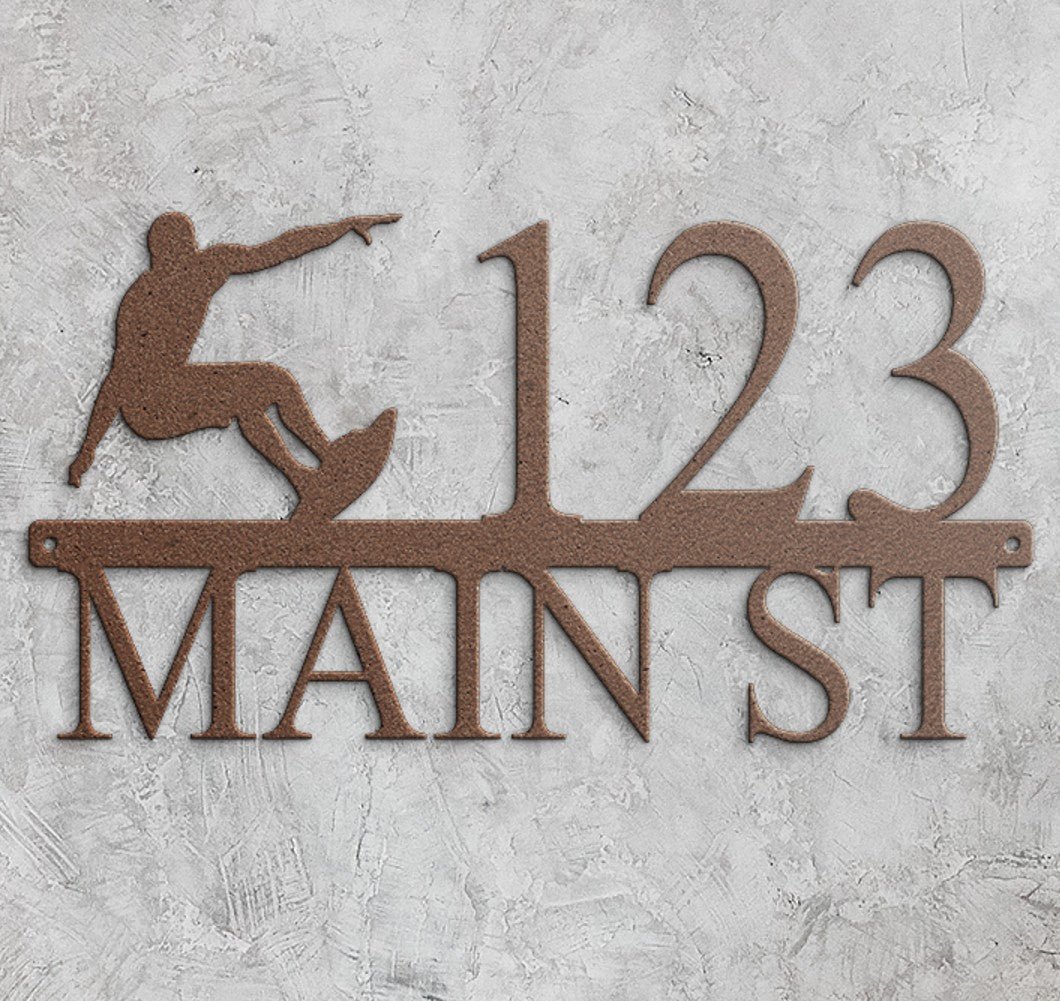 Custom Surfer Address Sign #3 – Personalized Metal Surf Decor