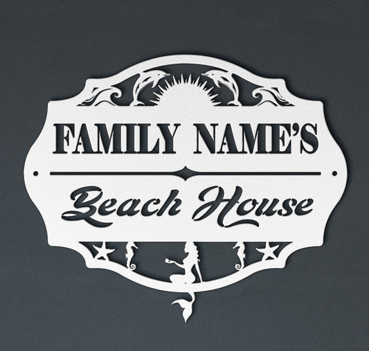 Custom Beach House Metal Sign – Personalized Coastal Family Name Plaque