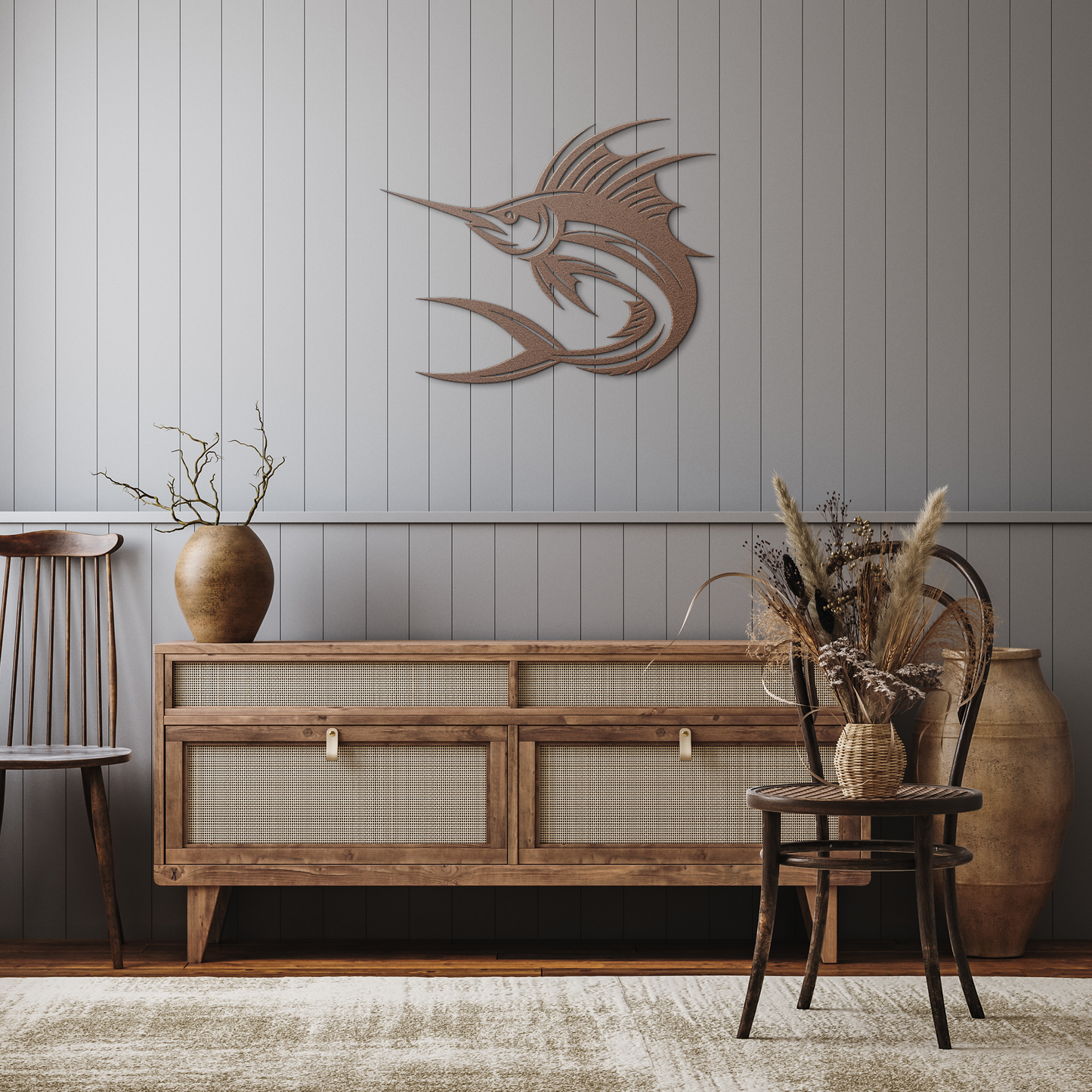 Swordfish_Metal_Wall_Art__Nautical_Ma_Copper_Rustic_Hallway_Mockup.png