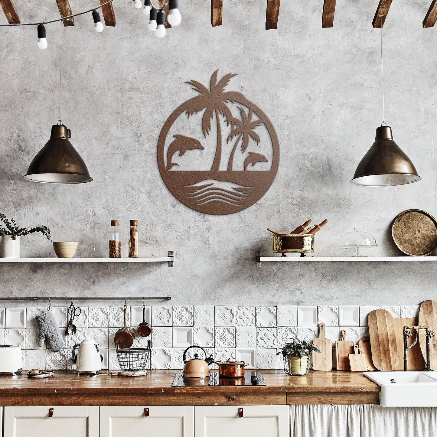 Tropical_Dolphin_Paradise_Metal_Wall_Art_Copper_Rustic_Kitchen_Mockup.png