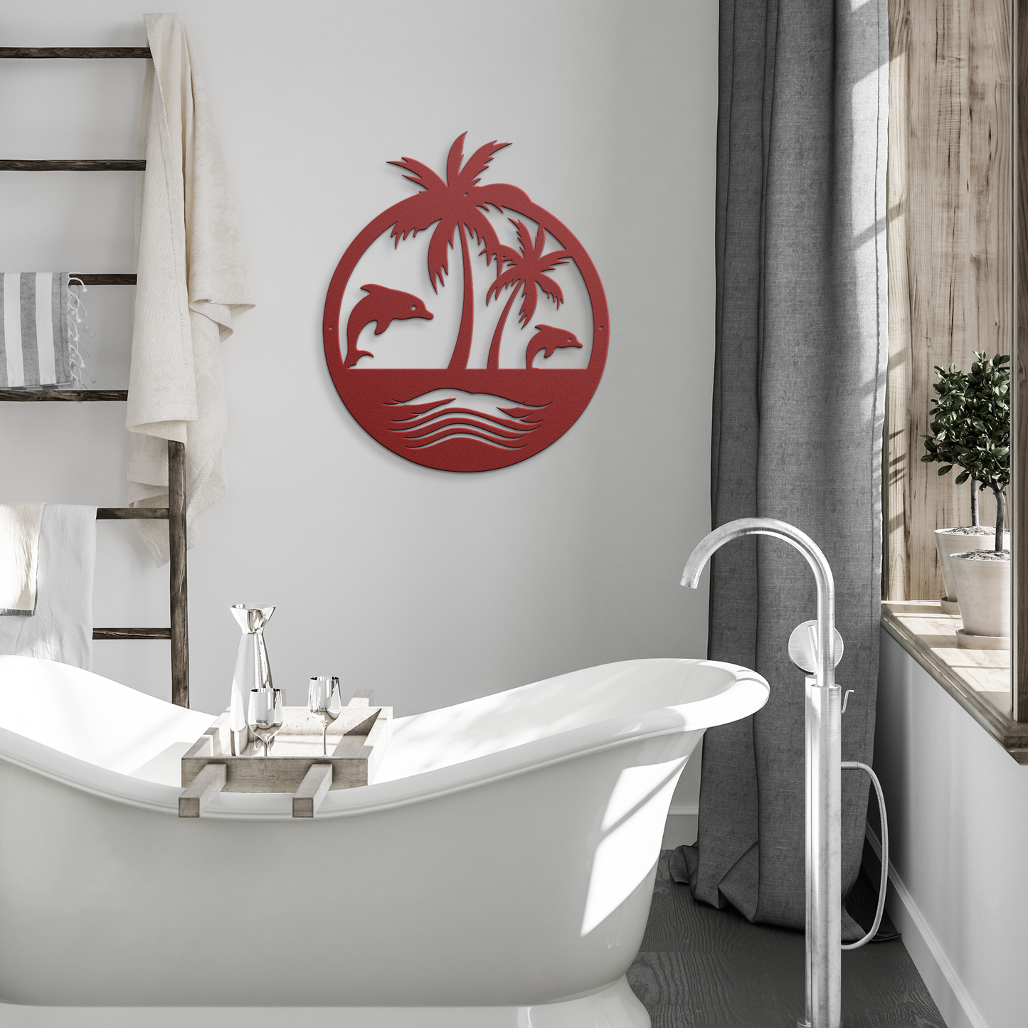 Tropical_Dolphin_Paradise_Metal_Wall_Art_Red_Modern_Bathroom_Mockup.png