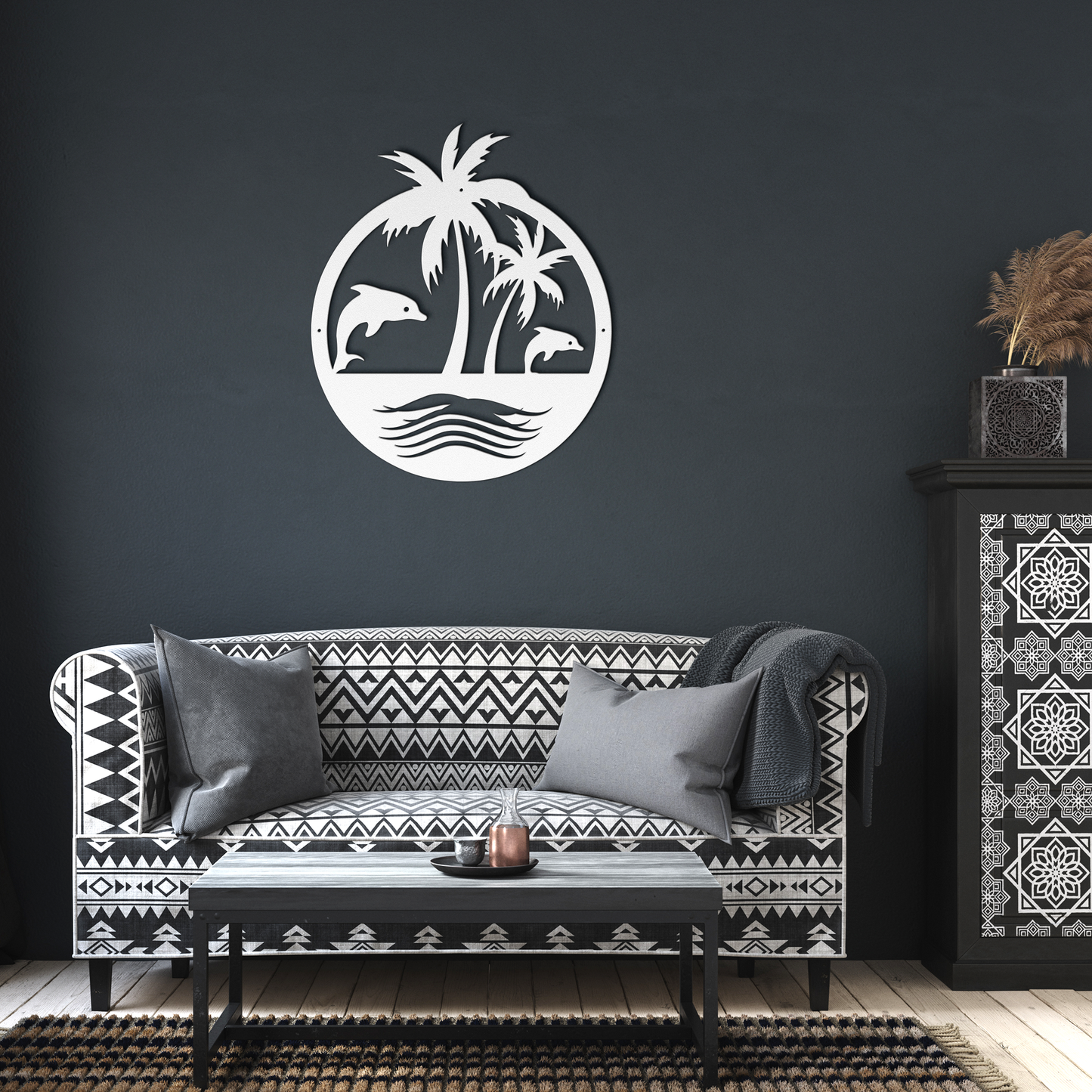 Tropical_Dolphin_Paradise_Metal_Wall_Art_White_Dark_Living_Room_Mockup.png