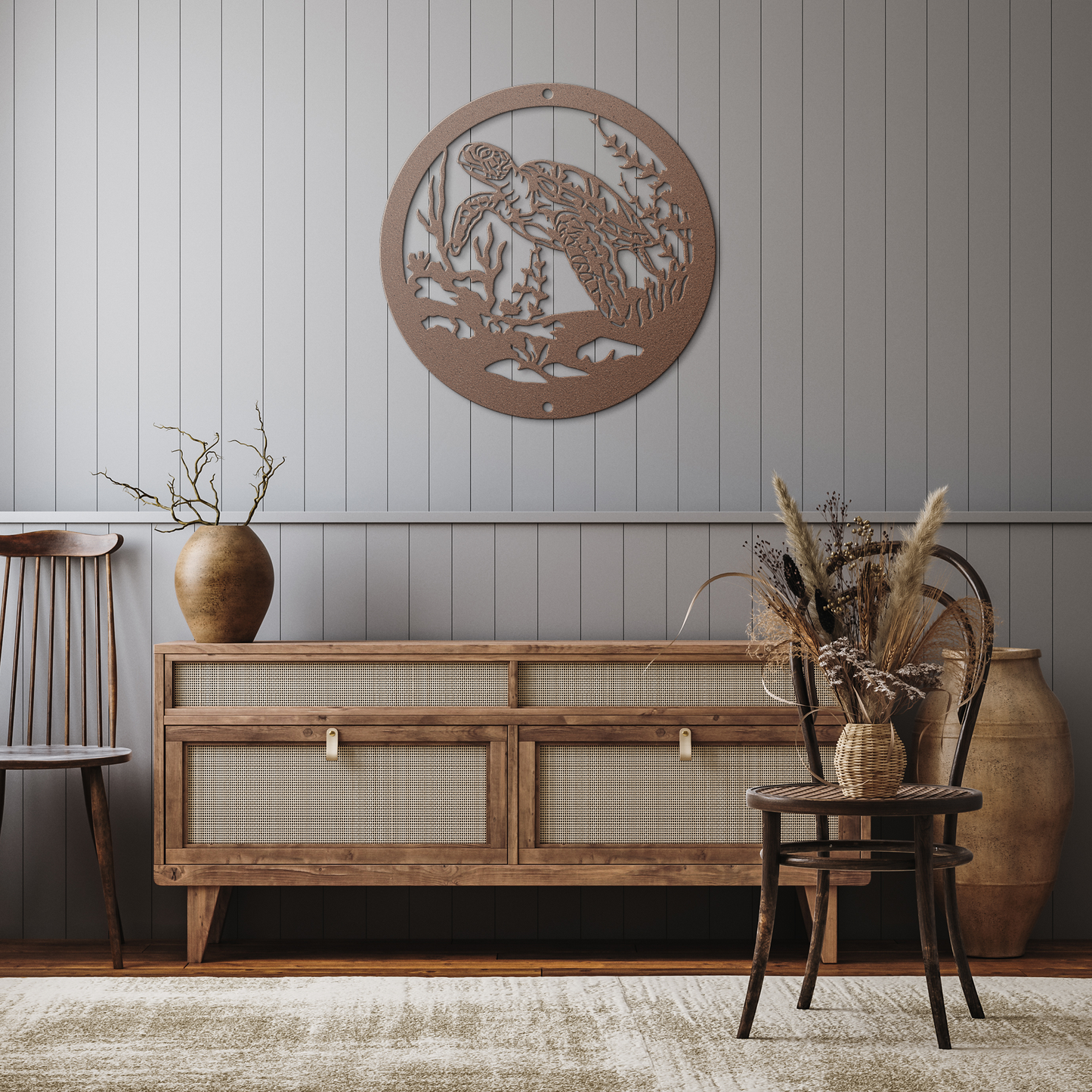 Turtle_Ocean_Scene_Metal_Wall_Art__El_Copper_Rustic_Hallway_Mockup.png