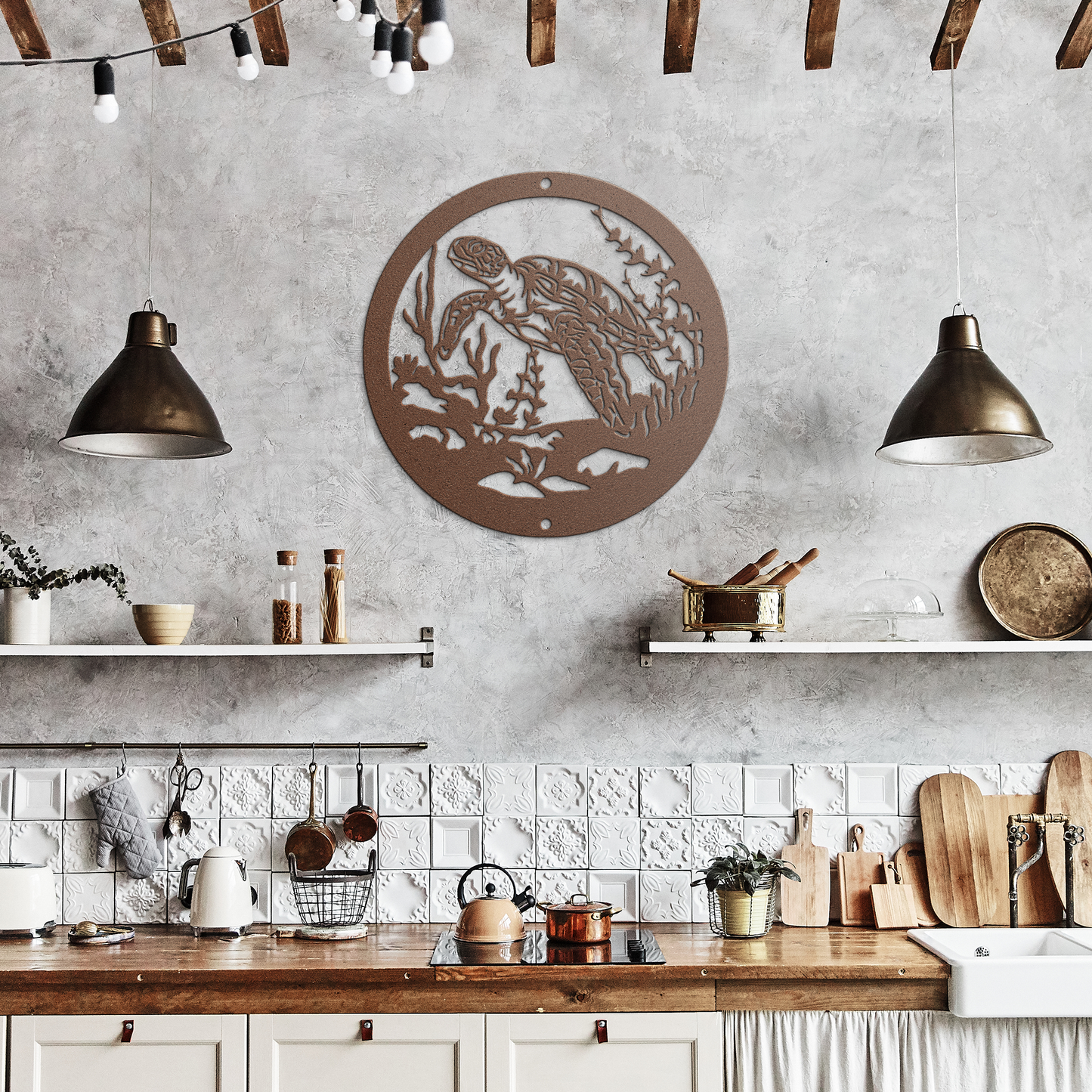 Turtle_Ocean_Scene_Metal_Wall_Art__El_Copper_Rustic_Kitchen_Mockup.png