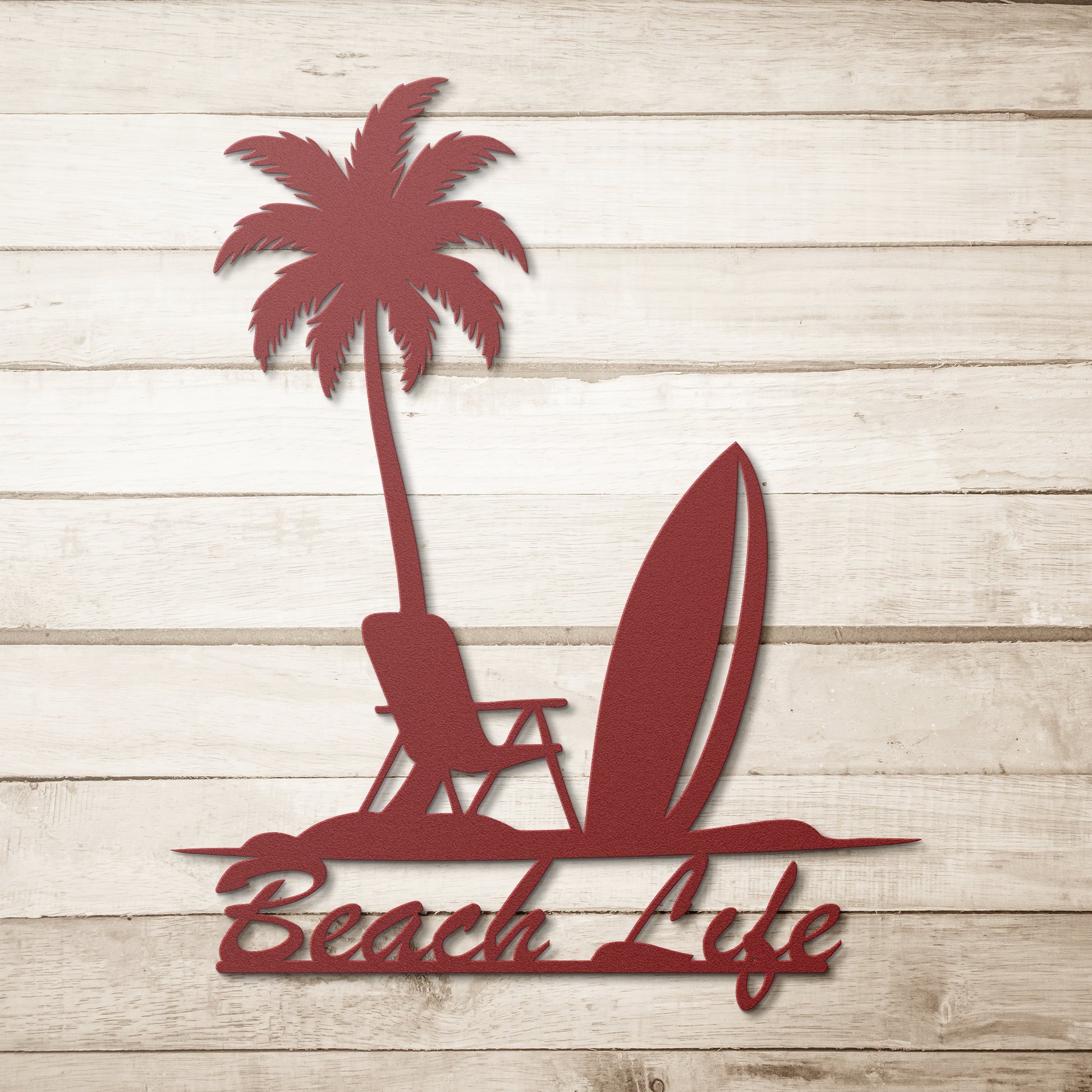 Beach_Life_Die-Cut_Metal_Wall_Art_Red_Simple_Wood_BKGD_Mockup.png