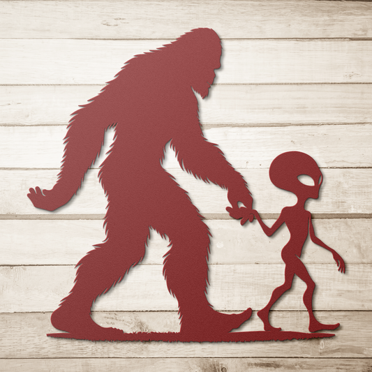 Bigfoot_and_Alien_Metal_Wall_Art_-_Fun_U_Red_Simple_Wood_BKGD_Mockup.png