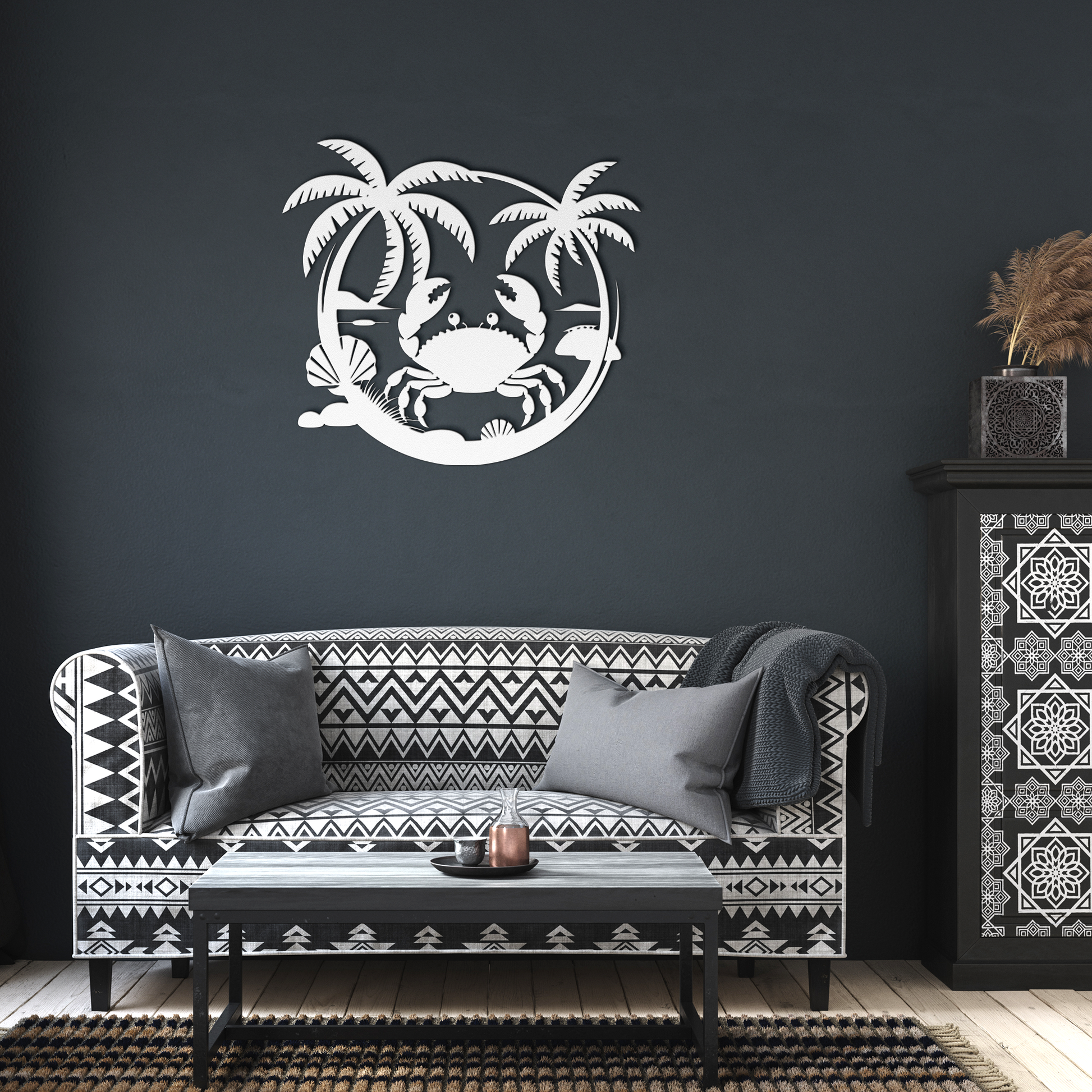 Coastal_Crab_Metal_Wall_Art__Nautical_White_Dark_Living_Room_Mockup.png
