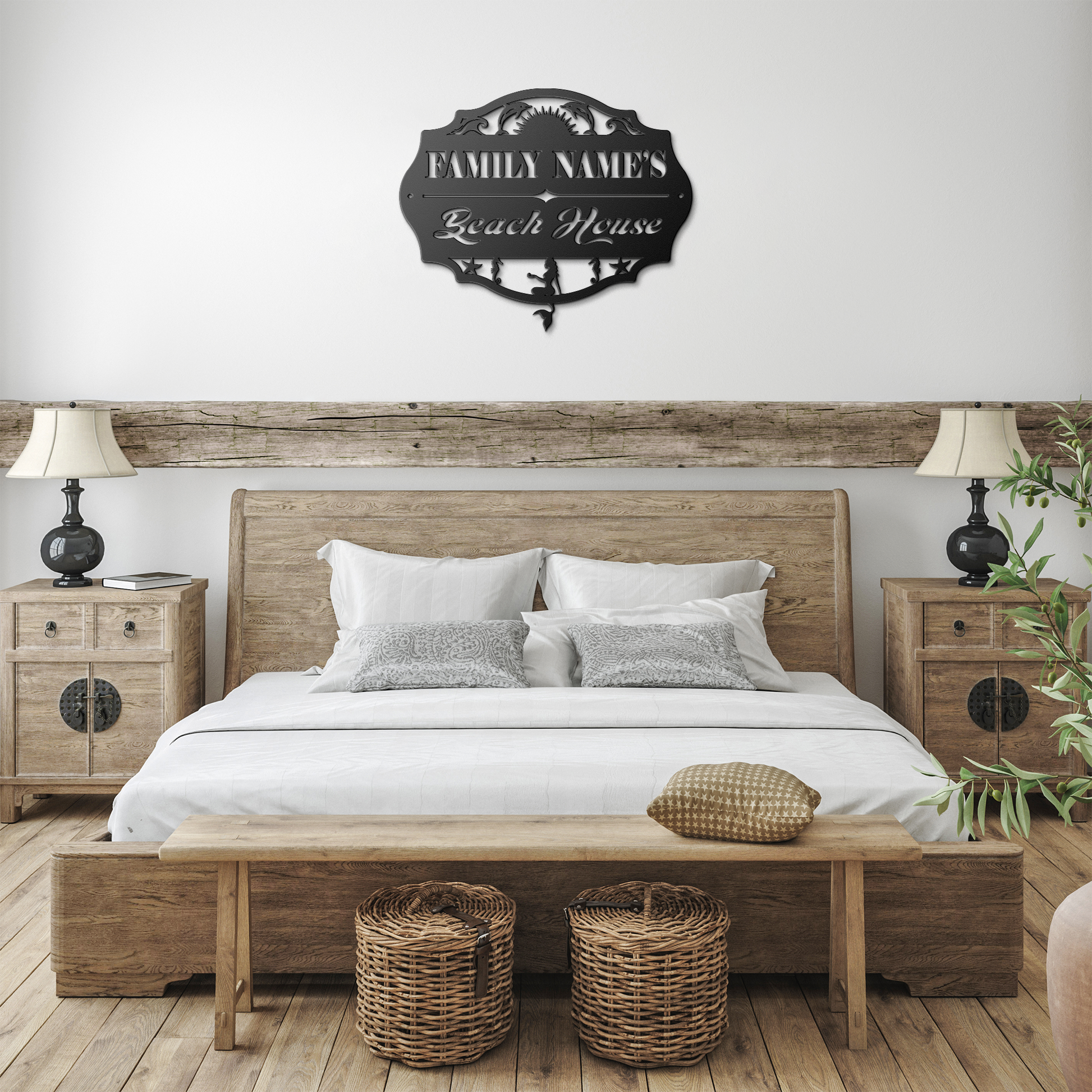 Custom_Beach_House_Metal_Sign__Person_Black_Farmhouse_Bedroom_Mockup.png