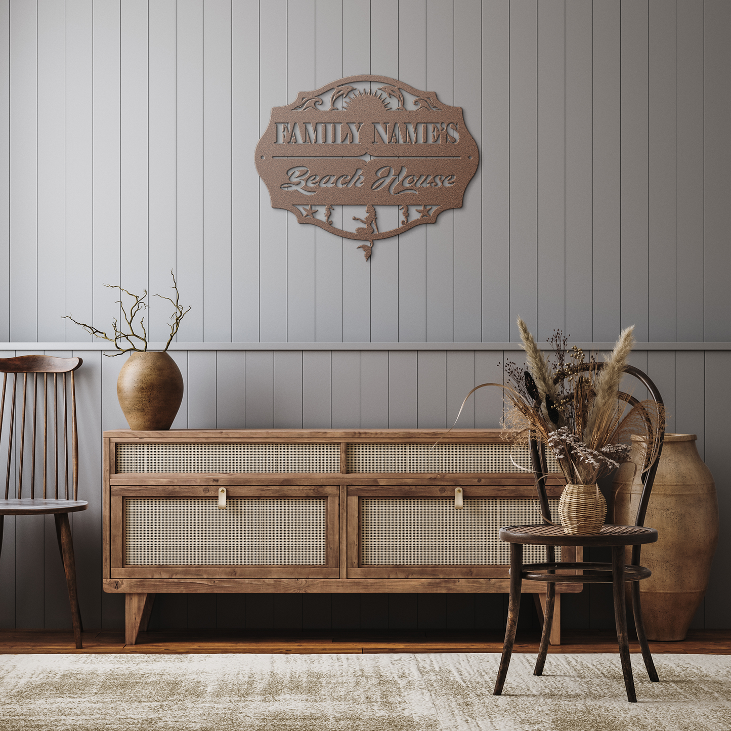 Custom_Beach_House_Metal_Sign__Person_Copper_Rustic_Hallway_Mockup.png