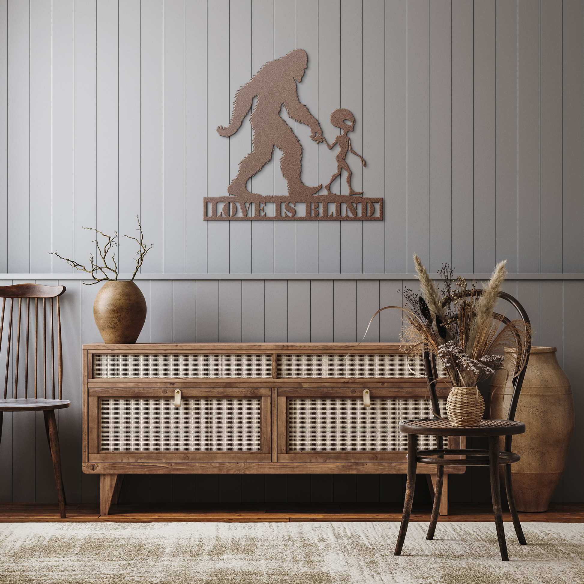 Love_is_Blind_Bigfoot__Alien_Metal_Wa_Copper_Rustic_Hallway_Mockup.png