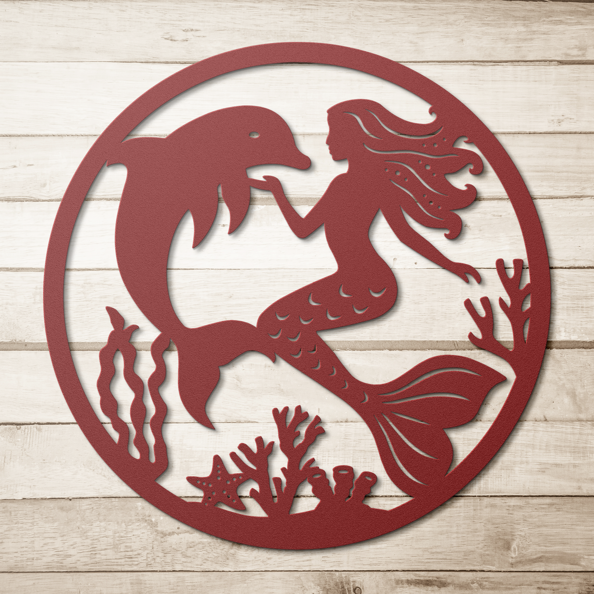 Mermaid__Dolphin_Metal_Wall_Art__Enc_Red_Simple_Wood_BKGD_Mockup.png