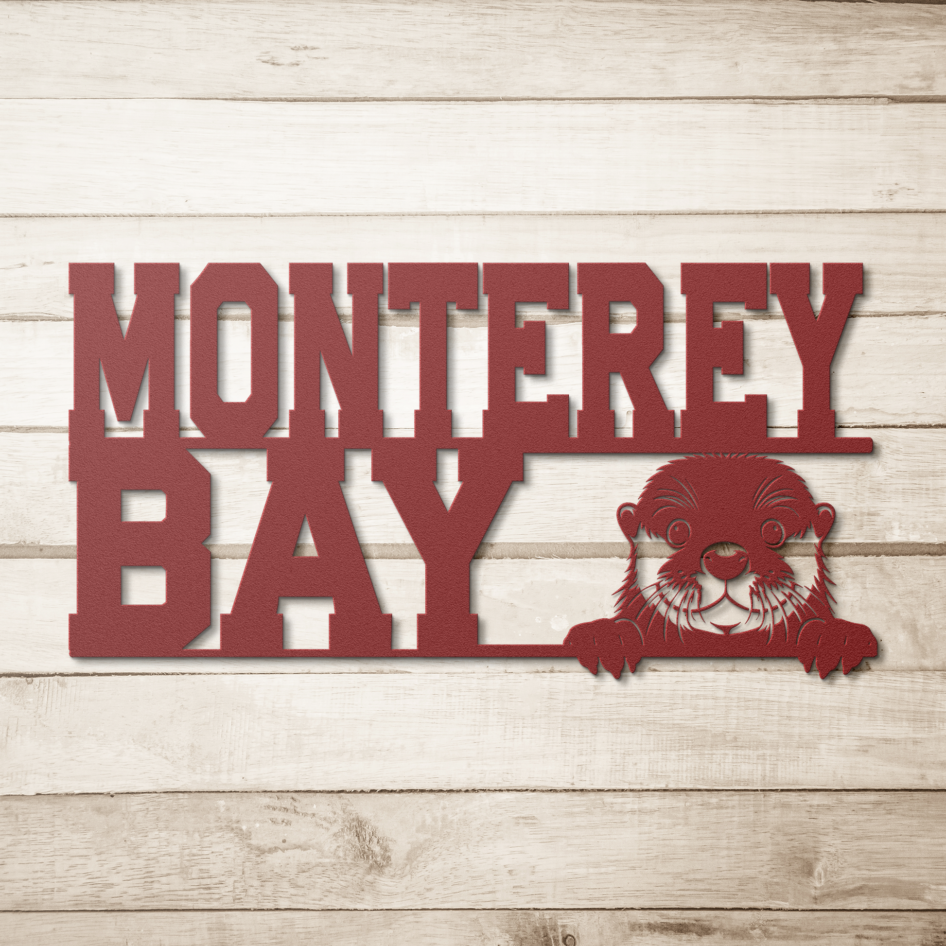 Monterey_Bay_Otter_Metal_Wall_Art__Cu_Red_Simple_Wood_BKGD_Mockup.png