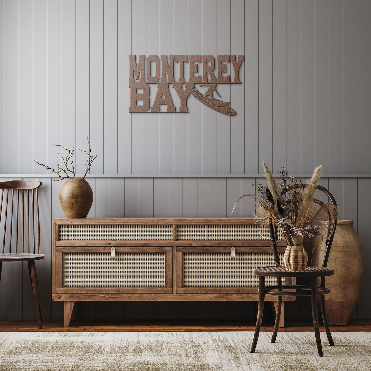 Monterey_Bay_Surfer_Metal_Wall_Art__C_Copper_Rustic_Hallway_Mockup.png