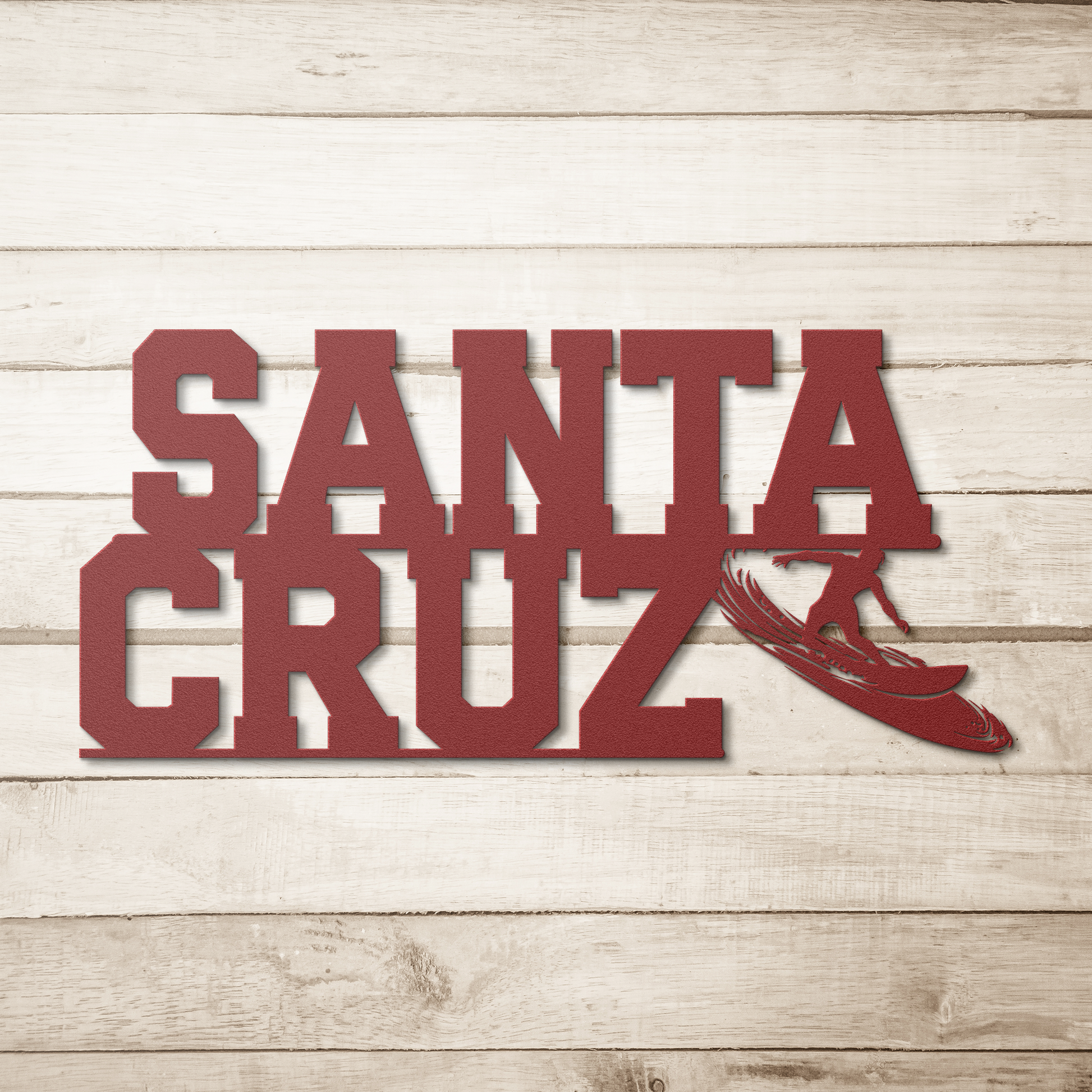 Santa_Cruz_Surfer_Metal_Wall_Art_Red_Simple_Wood_BKGD_Mockup.png