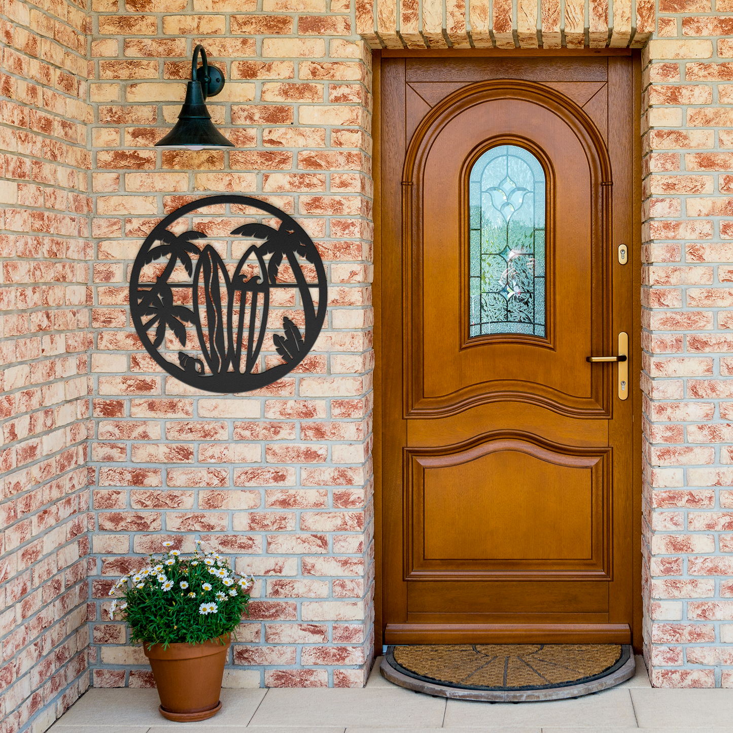 Surfboard_Beach_Scene_Metal_Wall_Art__Black_Brick_Entrance_Mockup.png