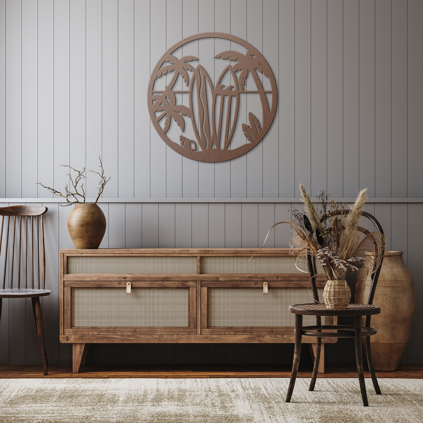 Surfboard_Beach_Scene_Metal_Wall_Art__Copper_Rustic_Hallway_Mockup.png