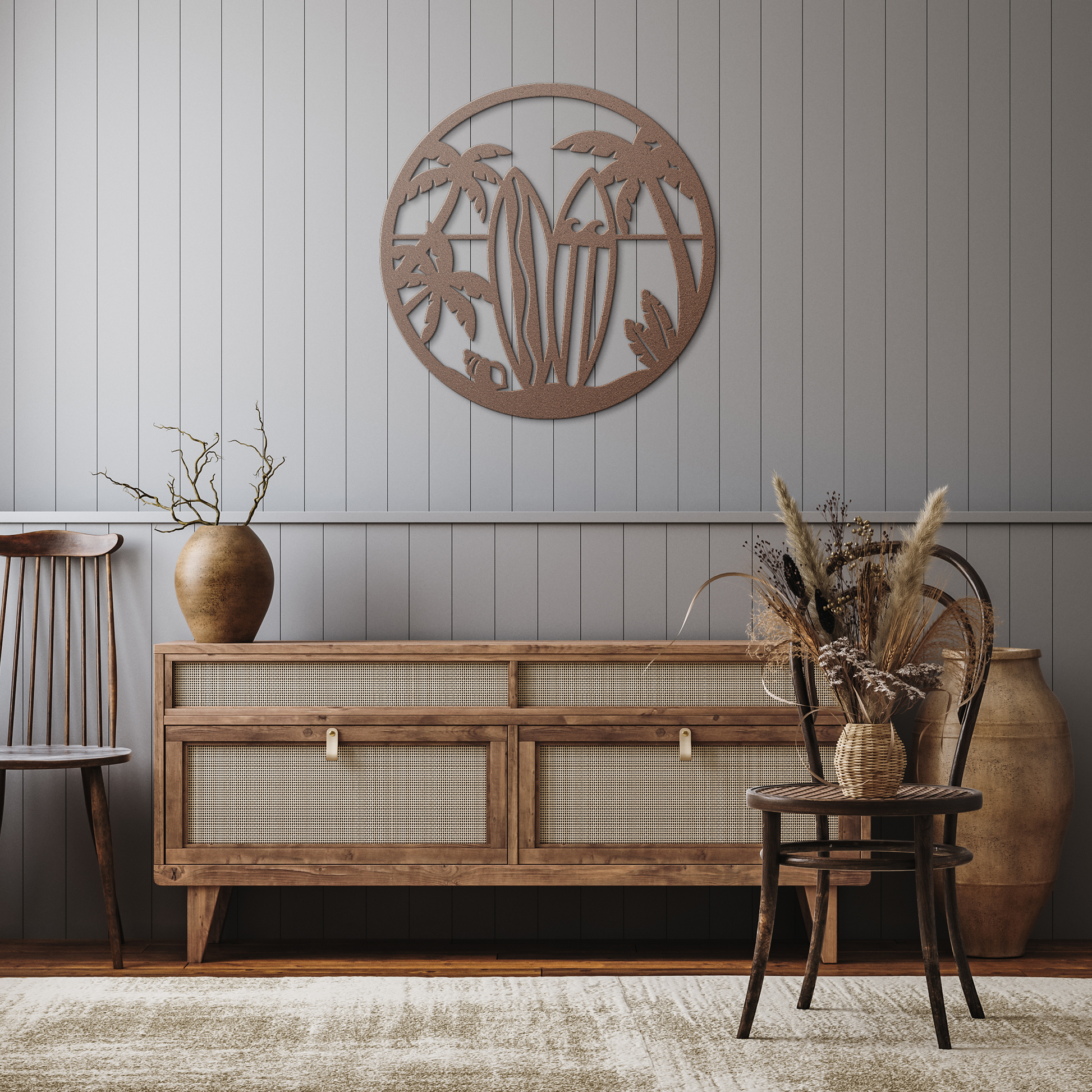 Surfboard_Beach_Scene_Metal_Wall_Art__Copper_Rustic_Hallway_Mockup.png