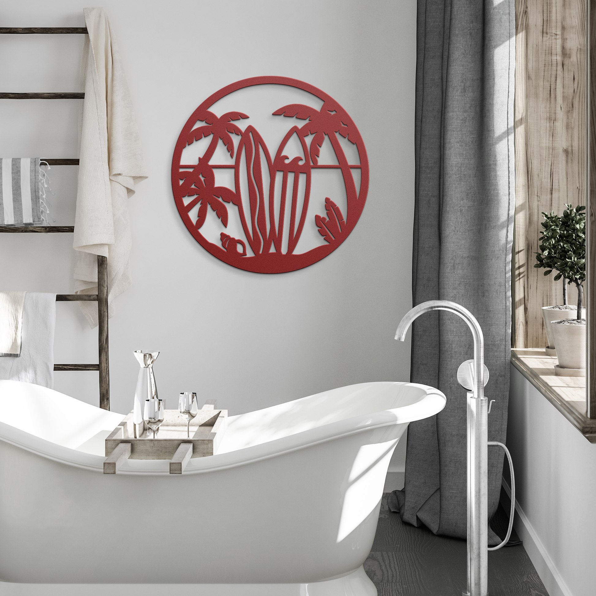 Surfboard_Beach_Scene_Metal_Wall_Art__Red_Modern_Bathroom_Mockup.png