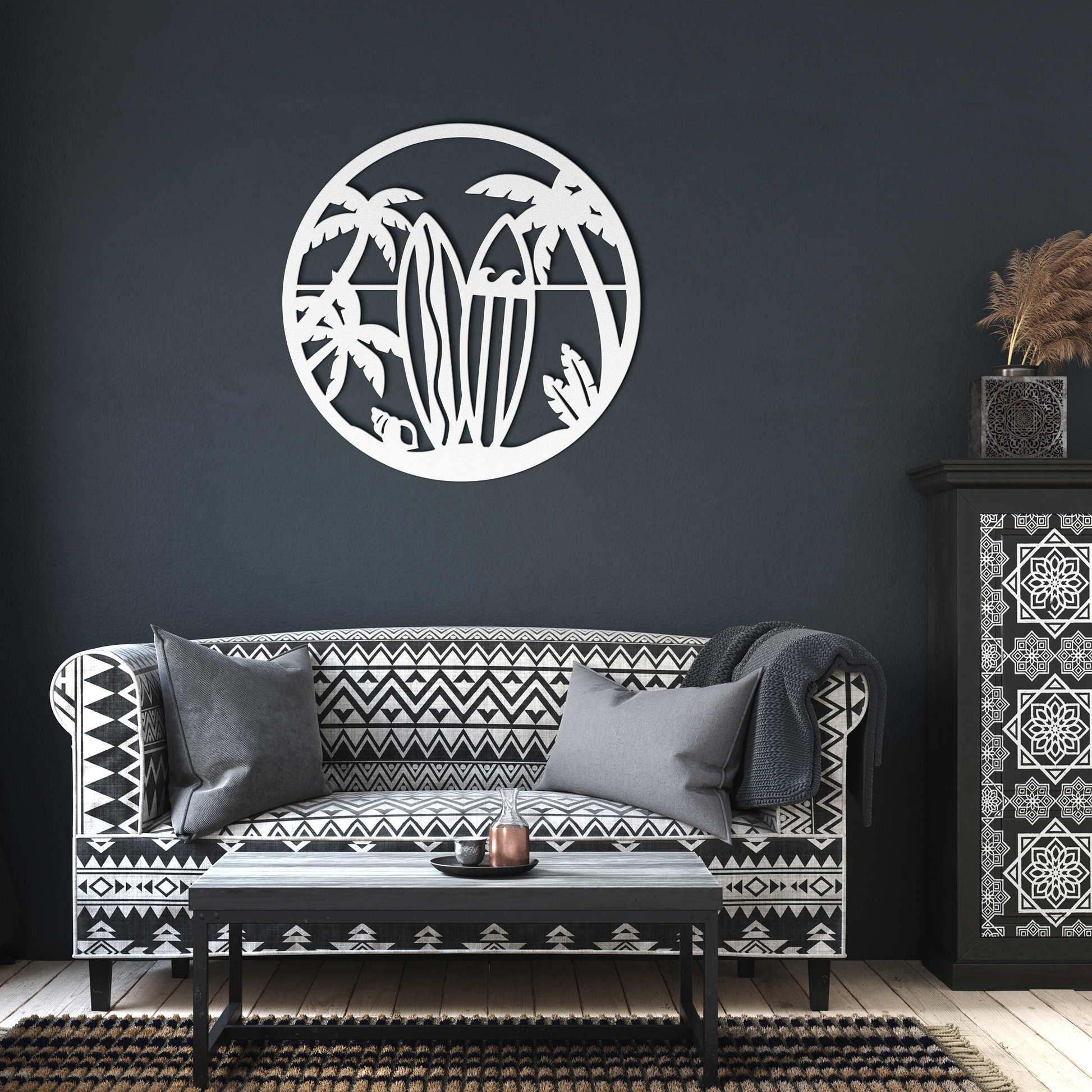 Surfboard_Beach_Scene_Metal_Wall_Art__White_Dark_Living_Room_Mockup.png