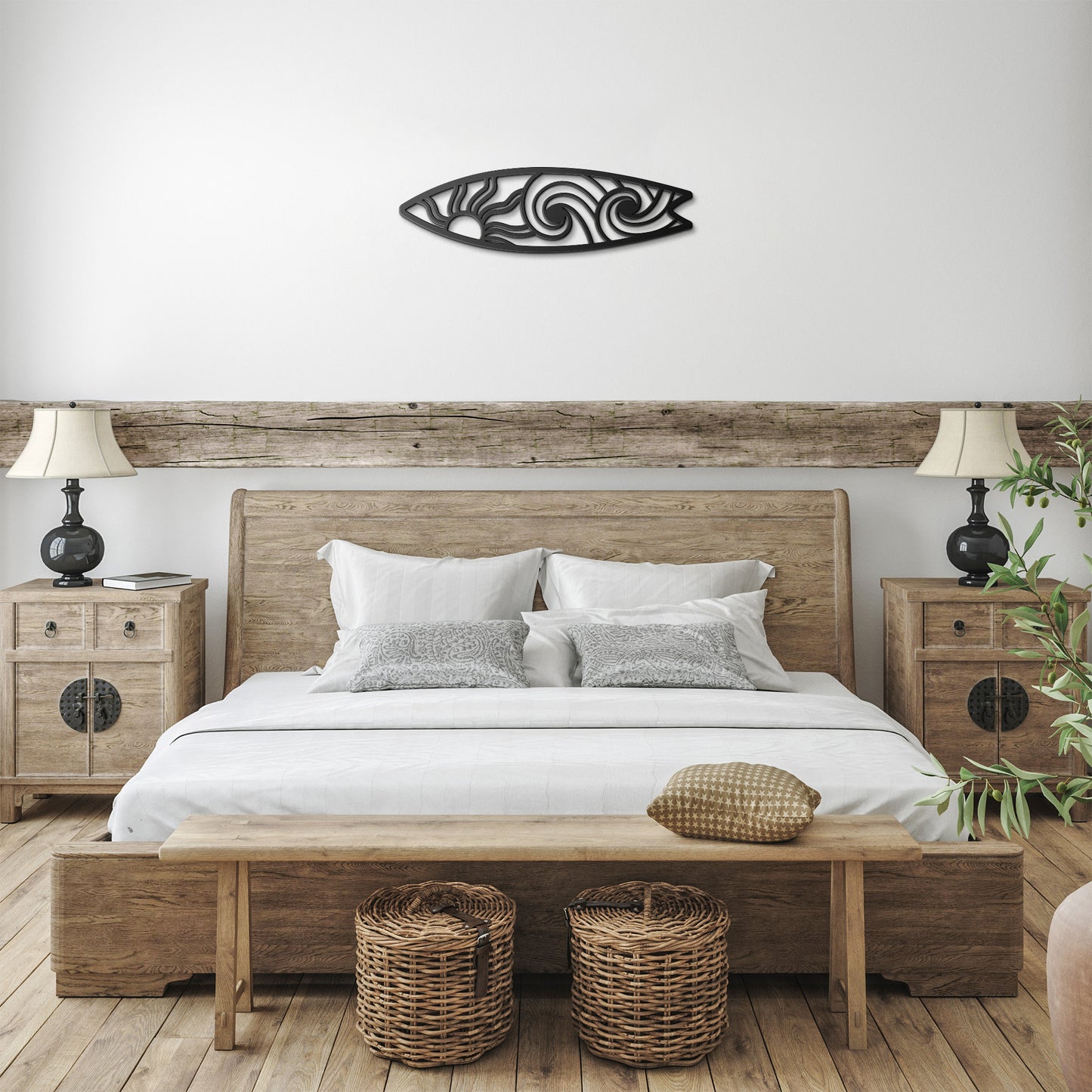 Sun and Waves Surfboard Metal Wall Art – Coastal Decor for Beach Homes and Surf Lovers