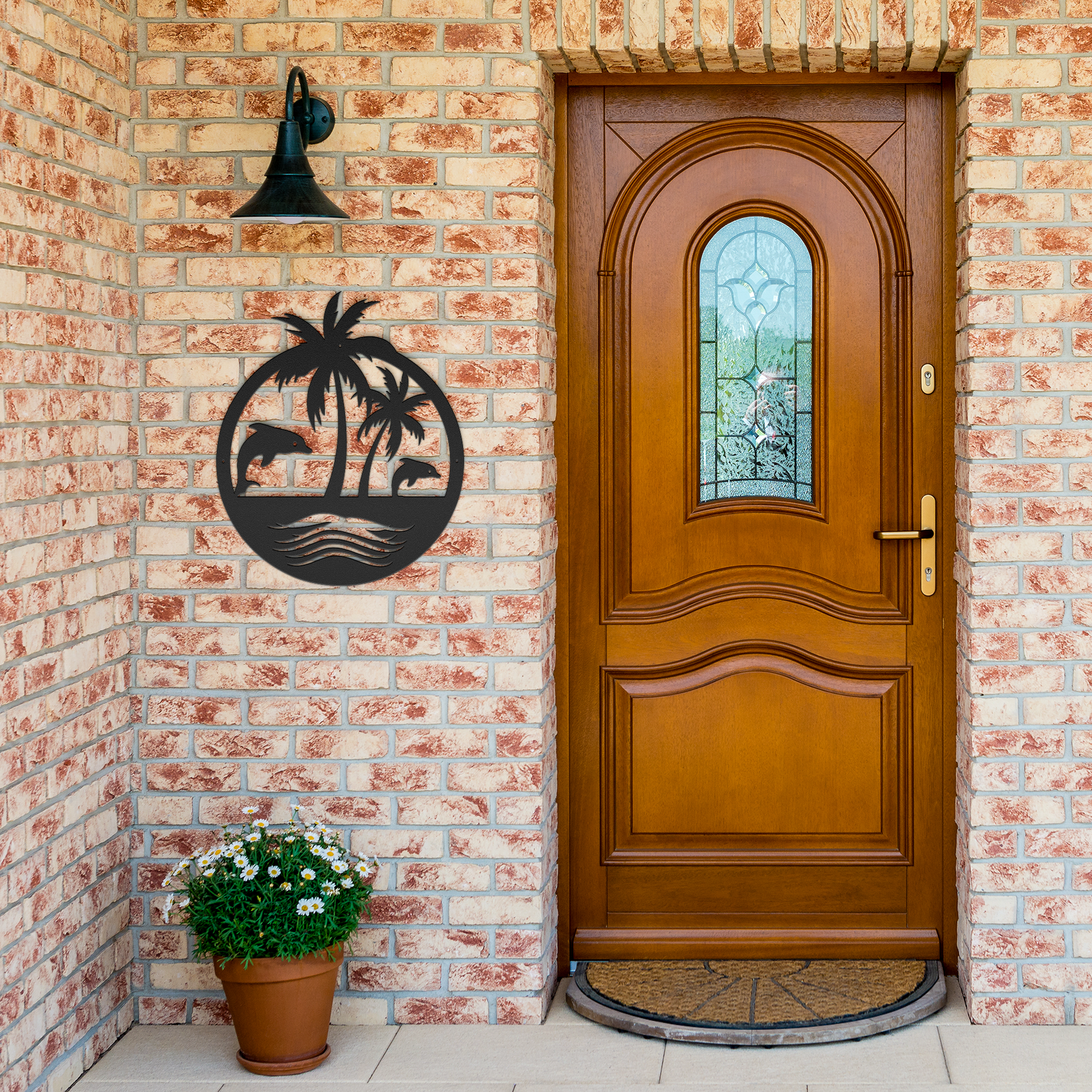 Tropical_Dolphin_Paradise_Metal_Wall_Art_Black_Brick_Entrance_Mockup.png