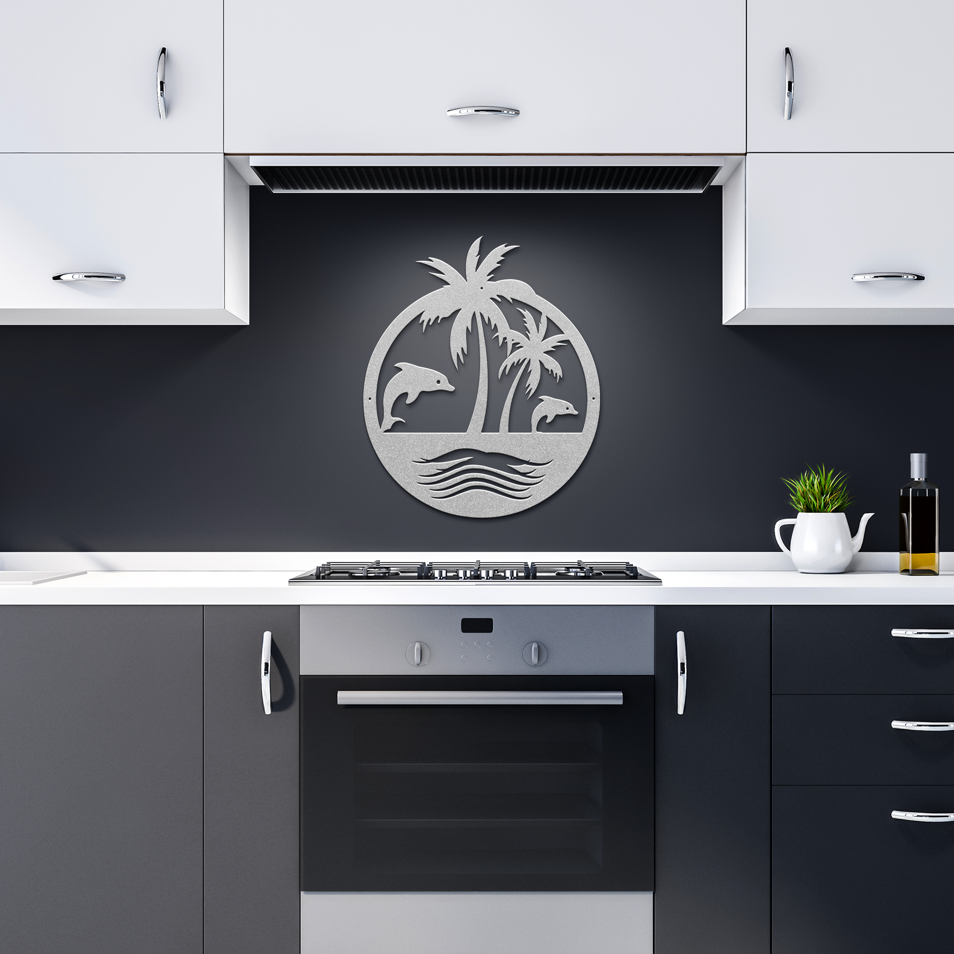 Tropical_Dolphin_Paradise_Metal_Wall_Art_Silver_Dark_Kitchen_Mockup.png
